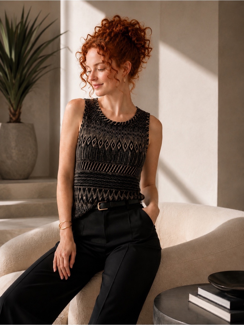 RACHEL Rachel Roy Black and Cream Geometric Knit Tank Top